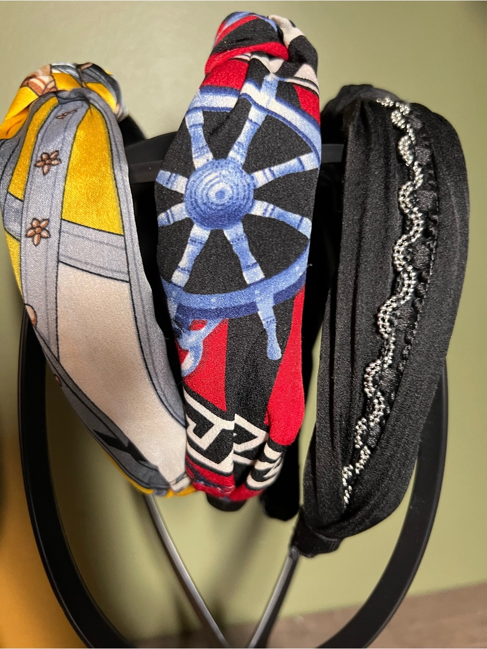 Set of 3 Patterned Knotted Headbands - Black, Red/Blue, Yellow/Grey